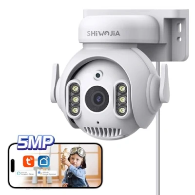 Immagine di SHIWOJIA Telecamera Wi Fi Esterno, 5MP 360 PTZ Videocamera di Sorveglianza con Auto Tracking, Rilevamento del Movimento, Smart Life Camera TUYA Compatibile Alexa