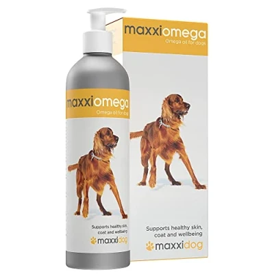Immagine di maxxiomega Olio per Cani con Pratico Erogatore Pelle Sana e Pelo Lucido Omega 3 6 9 insieme A Vitamina D Biotina Non Odora di Pesce Integratore Liquido 296 ml