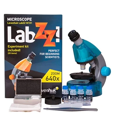 Immagine di Levenhuk LabZZ M101 Azure 40x640x Microscopio Didattico per Ragazzi e Principianti in Scienze con Kit STEM, Guida agli Esperimenti, Campioni Preparati, Strumenti Scatola Regalo, 5 Colori (IT)