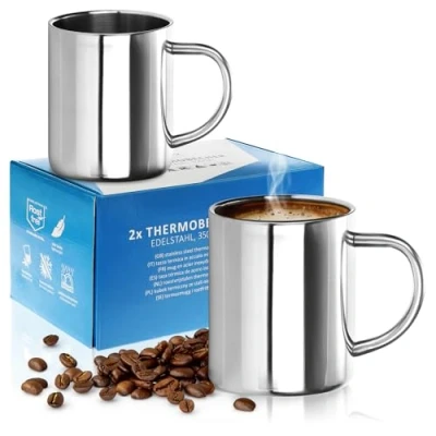Immagine di Robin Goods® 2X Set di Tazze Termiche in Acciaio Inossidabile 350 ml per Tazza da caffè Termica Bere Alta qualità (02 Pezzi Lucido)