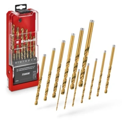 Immagine di Originale Einhell set di punte per metallo in titanio HSS G da 13 pezzi (acciaio 4341 completamente rettificato, rivestito titanio, punta spaccata a 135, spirale fresata tipo N, codolo tondo)