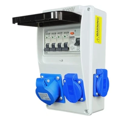 Immagine di RoadEu Distributore di corrente 230 V. presa monofase CEE 16 A 3P e 3 Prese Schuko con fusibile automatico A. interruttore FI. integrate scatola dei