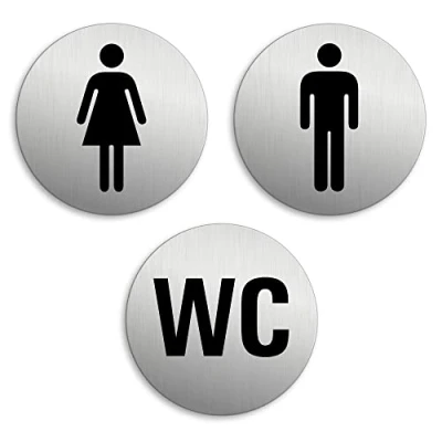 Immagine di Targhetta per Porta Toilette WC Donne Uomini Set di 3 Targa Ø 75 mm Alluminio spazzolato auto adhesiva