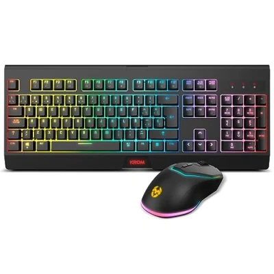 Immagine di KROM KABALA Kit tastiera a membrana senza fili retroilluminata RGB Rainbow, 6 tasti anti ghosting, mouse ottico livelli DPI 800 4800 al volo, compatibile con PC, layout spagnolo, nero