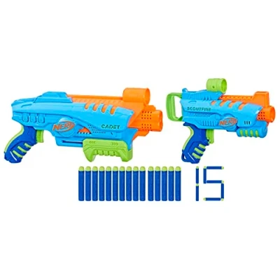 Immagine di Nerf Elite Jr Set Ultimate Starter, 2 blaster in gommapiuma facili da usare, 15 dardi Elite, bersagli, per giochi all&#039;aperto