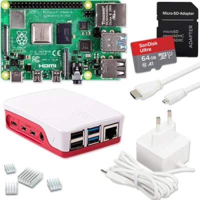Immagine di Raspberry Pi 4 8 GB, scheda SD da 64 alimentatore USB C 15 W, alloggiamento, cavo micro HDMI 4K, set dissipatore di calore, Model B GB RAM