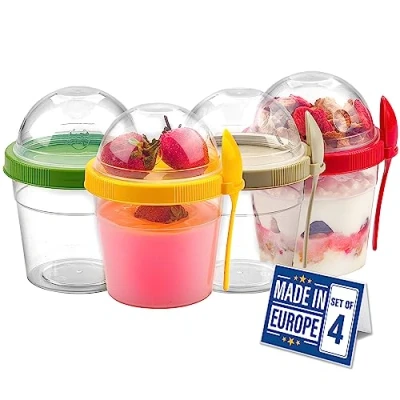Immagine di CRYSTALIA Riutilizzabile Tazza Yogurt To Go con Cucchiaio di Muesli Set 4 500ml SENZA BPA Contenitore Insalata Cereali Coperchi Porta Frutta per Yoghurt