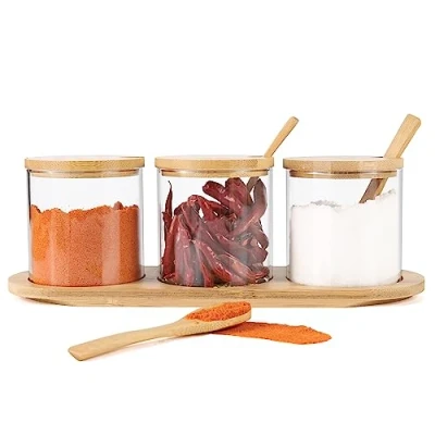 Immagine di Czemo Set Barattoli Portaspezie 3x300ML Contenitori per cucina con coperchio, cucchiaio e pallet di bambù, Jar