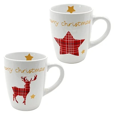 Immagine di Dekohelden24 Set di 2 tazze natalizie in ceramica Merry Christmas, altezza: 10 cm, diametro 8,5 capacità 350 ml, rosso, stella