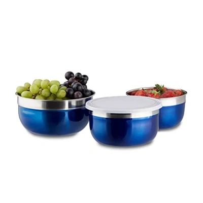 Immagine di Relaxdays Set di Ciotole con Coperchio 3 pz Diverse Misure Scodelle in Acciaio Inox da Cucina e Campeggio, per Provviste Blu