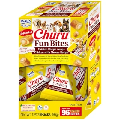 Immagine di INABA Churu Fun Bites Snack per Cani, Bocconcini di Pollo e Formaggio 8 Pack x 12gr Premietti Cane Morbidi Deliziosi Cibo Cani Senza Conservanti o Coloranti Artificiali, Grain Free