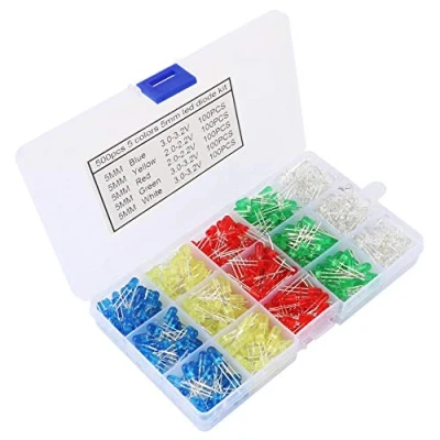 Immagine di GTIWUNG 500 Pezzi Diodi ad Emissione Luminosa LED Multicolore, Testa Rotonda a 5mm, Emettitori di Luce, Lampada Assortiti Kit, 5 Colori Rosso Giallo Blu Bianco Verde