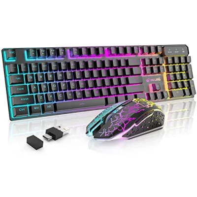 Immagine di T3 Wireless Set Tastiera e Mouse, arancione retroilluminato da gioco 2.4G ricaricabile con sensazione meccanica+mouse LED 2400 DPI+tappetini per mouse (nero/arancione)