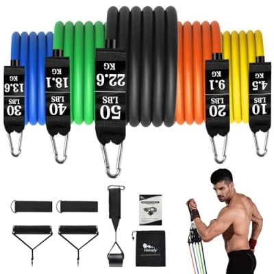 Immagine di himaly Elastici Fitness Set, 5 Resistenza Bands con Diversi Livelli Da 10lbs a 50lbs, Elastiche Uomo Donne, Kit Palestra 11 accessori, Set di Bande per Allenamento casa