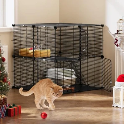 Immagine di YITAHOME Gabbia per Gatti da Esterno/Interno, Recinto con 2 Porte, 1 Scale, Box in Metallo a Livelli, Filo Metallico Denso Gatti, Chinchilla, Coniglio, Nero