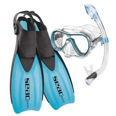 Immagine di SEAC Sprint Dry Set Snorkeling con Pinne a Cinghiolo Regolabile, Maschera e Snorkel Top Unisex Adulto Blu 42/44