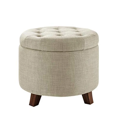 Immagine di Amazon Basics Rotondo Lino Pouf contenitore, poggiapiedi imbottito con trapuntatura, 43 cm di altezza, beige iuta
