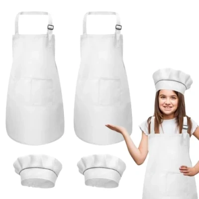 Immagine di DECARETA 2 Set di Grembiule e Cappello Cuoco per Bambino 60 * 45cm Grembiuli in Cotone Regolabile con Tasche Ragazze Ragazzi (Bianco)