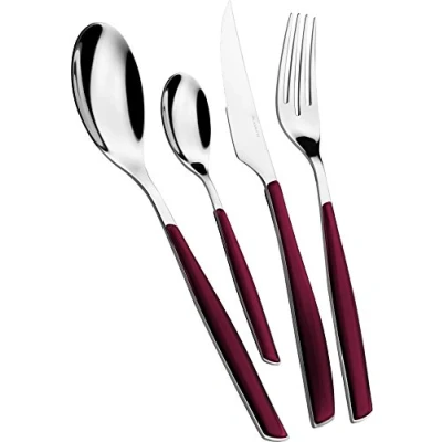 Immagine di BUGATTI, Glamour, Set Posate 24 Pezzi in Acciaio Inox 18/10 e Manico Colore Rosso Granata. 6 Persone Composto da cucchiai, forchette, coltelli cucchiaini caffè
