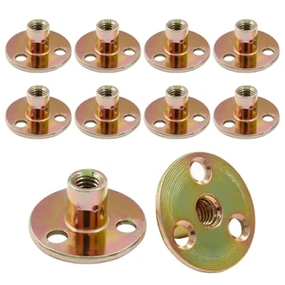 Immagine di 10 Pezzi Dadi a 3 Fori, Dado Flangiato M10, T con Foro, In Ferro Zincato Base Rotonda per Fissaggio Mobili di Collegamento, M10x36x2.5mm