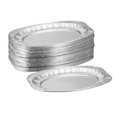 Immagine di Relaxdays Servierplatten Alu 40er Vassoi in Alluminio, Set da 40 Vaschette, LxP: 35 x 24 cm, Contenitori Ovali per Grigliate e Barbecue, Argento