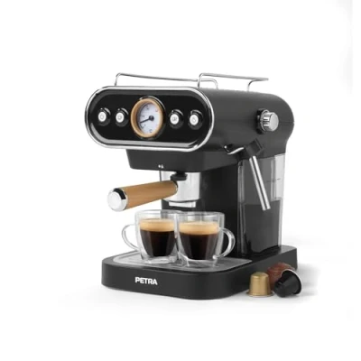 Immagine di Petra PT5108VDEEU7 Macchina per caffè espresso e cappuccino 3 in 1 da 1.2L con montalatte, compatibile cialde 30/54 mm macinato, pompa 19 bar, senza BPA, 1050W, Nero