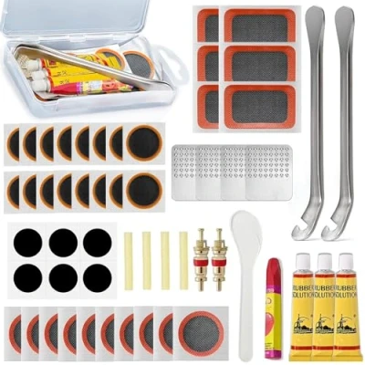 Immagine di AONAT 56 Pezzi Kit Riparazione Bici,Kit Camera d&#039;Aria Bici,Toppe Rotonde in Gomma autoadesive,Attrezzo Multifunzione da Bici,con Contenitore Portatile,per Ciclisti,Veicoli Fuoristrada BMX