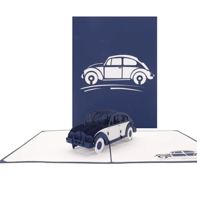 Immagine di biglietto pop up con coleottero, colore blu, di auguri 3D, e per la patente guida, modello 3D in filigrana, come regalo, confezione regalo