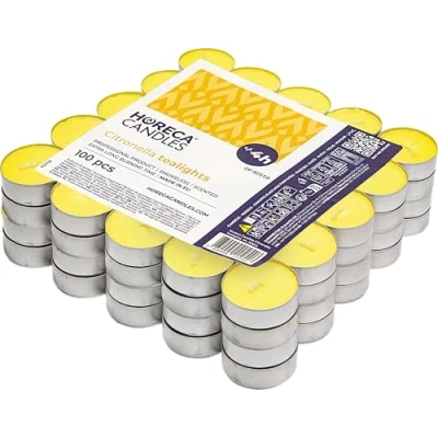 Immagine di Horeca Candles Candele Citronella Set da 100 Tealight Profumate Durata 4 Ore Lumini Esterno, Giardino, Balcone, Picnic, Campeggio