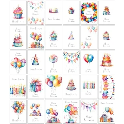 Immagine di 30 biglietti di compleanno ad acquerello con buste in carta riciclata, diversi disegni (30 acquerello)
