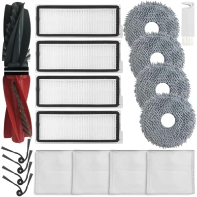 Immagine di HomeTimes Ricambi per robot aspirapolvere Roborock Qrevo Curv Accessori con 2 spazzole in gomma, 4 filtri HEPA, cuscinetti mouse, laterali, sacchetti la polvere, 18 pezzi