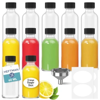 Immagine di HEFTMAN Bottigliette di Vetro Piccole 12 Pezzi Mini Bottiglie da 60 ml con 3 Imbuti ed Etichette, Riutilizzabili, Trasparenti Liquore Oli, Zenzero, Liquori