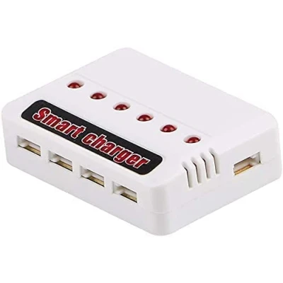 Immagine di YUNIQUE GREEN CLEAN POWER Caricabatterie 6 in 1 USB per Batteria Litio Compatibile con Hubsan H107D, Syma X5C, Elicottero RC Protezione Sovraccarico, Bianco, Plastica