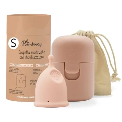 Immagine di Bamboozy Coppetta Mestruale Con Sterilizzatore (S) Coppette Mestruali Riutilizzabili Realizzate in Silicone Medico Fino a 12 Ore di Protezione Senza Plastica, BPA