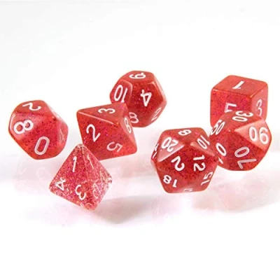 Immagine di 7 Dadi poliedrici per giochi di ruolo e da tavolo colore rosso luccichio con sacchetto