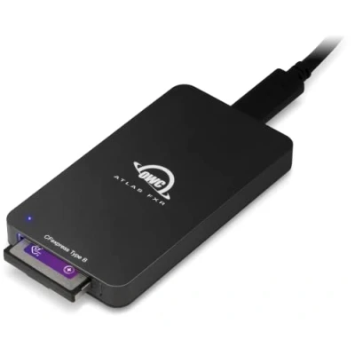 Immagine di OWC Atlas FXR Lettore di schede CFexpress Thunderbolt (USB C) + USB 3.2 (10 Gb/s), tipo B, ultracompatto e universalmente compatibile per DIT, fotografi, videografi creatori