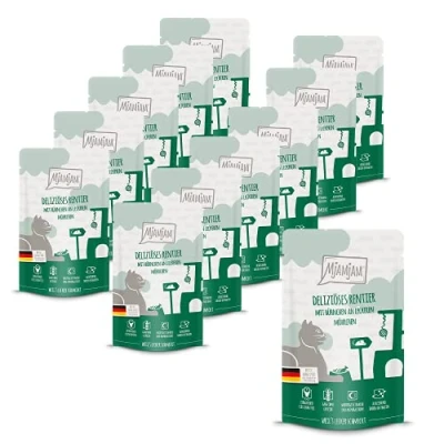 Immagine di MjAMjAM cibo umido premium per gatti Quetschie deliziosa renna con pollo e deliziose carote, confezione da 12 (12 x 125 g), senza cereali carne extra