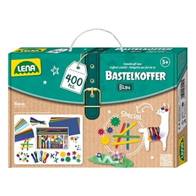 Immagine di Lena 42715 Valigetta per bricolage, con carta colorata, gomma espansa, pulitore pipe, occhi oscillanti, pompon, steli di ghiaccio e molto altro ancora, bambini dai 5 anni in su, blu verde400