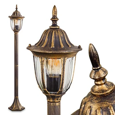 Immagine di lampada da esterno Ribadeo, terra in stile antico, fusione di alluminio nero/oro con vetri, sentiero 110 cm, giardino retrò/vintage, E27, IP44, senza lampadina/e