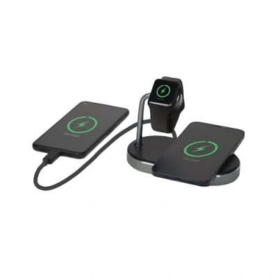 Immagine di Verbatim 3 in 1 Qi MFi wireless Fast Charger WCS 02, per iPhone, Apple Watch e dispositivi abilitati Qi, supporto cellulare con stazione di ricarica induttiva, caricabatterie Apple,