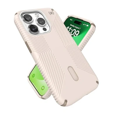 Immagine di Speck MagSafe Custodia per iPhone 15 Pro, protezione contro cadute e fotocamera, chiusura a scatto, compatibile con ricarica wireless, adatta tutti i modelli da 6,1 pollici, osso sbiancato, oro