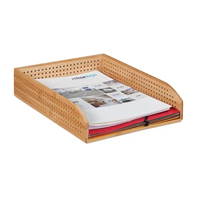 Immagine di relaxdays Vaschetta Portadocumenti in Bambù Perforato, Impilabile, Formato A4, Scrivania, Ufficio, HLP 7x25x33 cm, legno