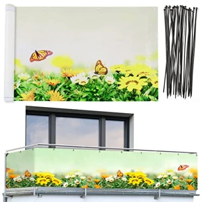 Immagine di Maximex Protezione frangivista per balcone con motivo a farfalla e alta resistenza ai raggi UV agli agenti atmosferici, ad asciugatura rapida antistrappo, 5 m