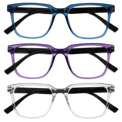Immagine di OPULIZE LEO Occhiali da lettura Pacco 3 Montatura rettangolare grande Blu, Viola, Chiaro Uomini Donne Cerniere a molla RRR55 35C +1.00