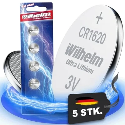 Immagine di 5 batterie a bottone al litio CR1620 CR 1620 WILHELM, 3 V, 70 mAh, ø16 x 2,0 mm, DL1620, 6620