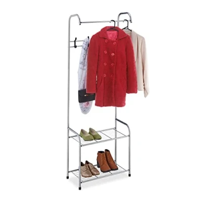 Immagine di Relaxdays Stand Appendiabiti con 2 Ripiani Porta Scarpe, 1 Asta Attaccapanni, 4 Appendini, HLP: 173x60x31 cm, Grigio