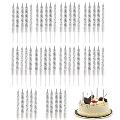 Immagine di JJiaoLinin Candele di Compleanno,50 Pezzi Candela Compleanno a Spirale,Metallico Candeline con Supporti per Nuziale La Festa Decorazione della Torta Forniture(Argento)