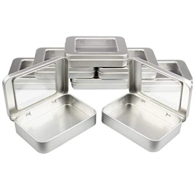 Immagine di Goodma Scatola da 8 Pezzi Rettangolare in Metallo con Cerniere vuote Contenitori per la casa Organizer Mini Coperchio Trasparente, 10 x 7 2 cm (Argento)