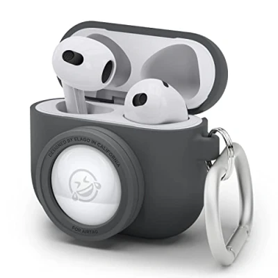 Immagine di elago Custodia Snapshot Compatibile con AirPods 3 e AirTag, Design Classico per Fotocamera, Portachiavi Incluso, Supporto Ricarica Wireless [Dispositivo di Localizzazione Non Incluso] (Grigio Scuro)