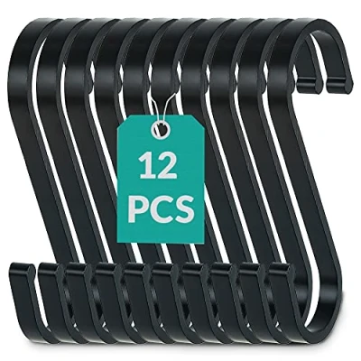 Immagine di 12 Ganci Metallici a Forma di S Piatti in Acciaio Inox Piccoli 8cm Fino 25kg Carico Gancio Metallo Nero